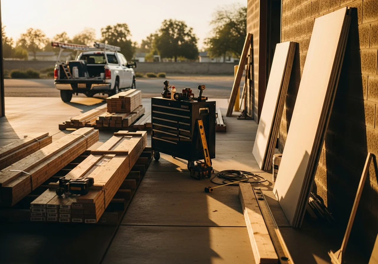 Construction crew and tools on a residential job site, showcasing hands-on craftsmanship and project readiness.