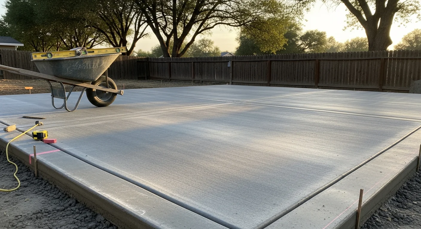 Completed patio with concrete and custom fencing in residential backyard