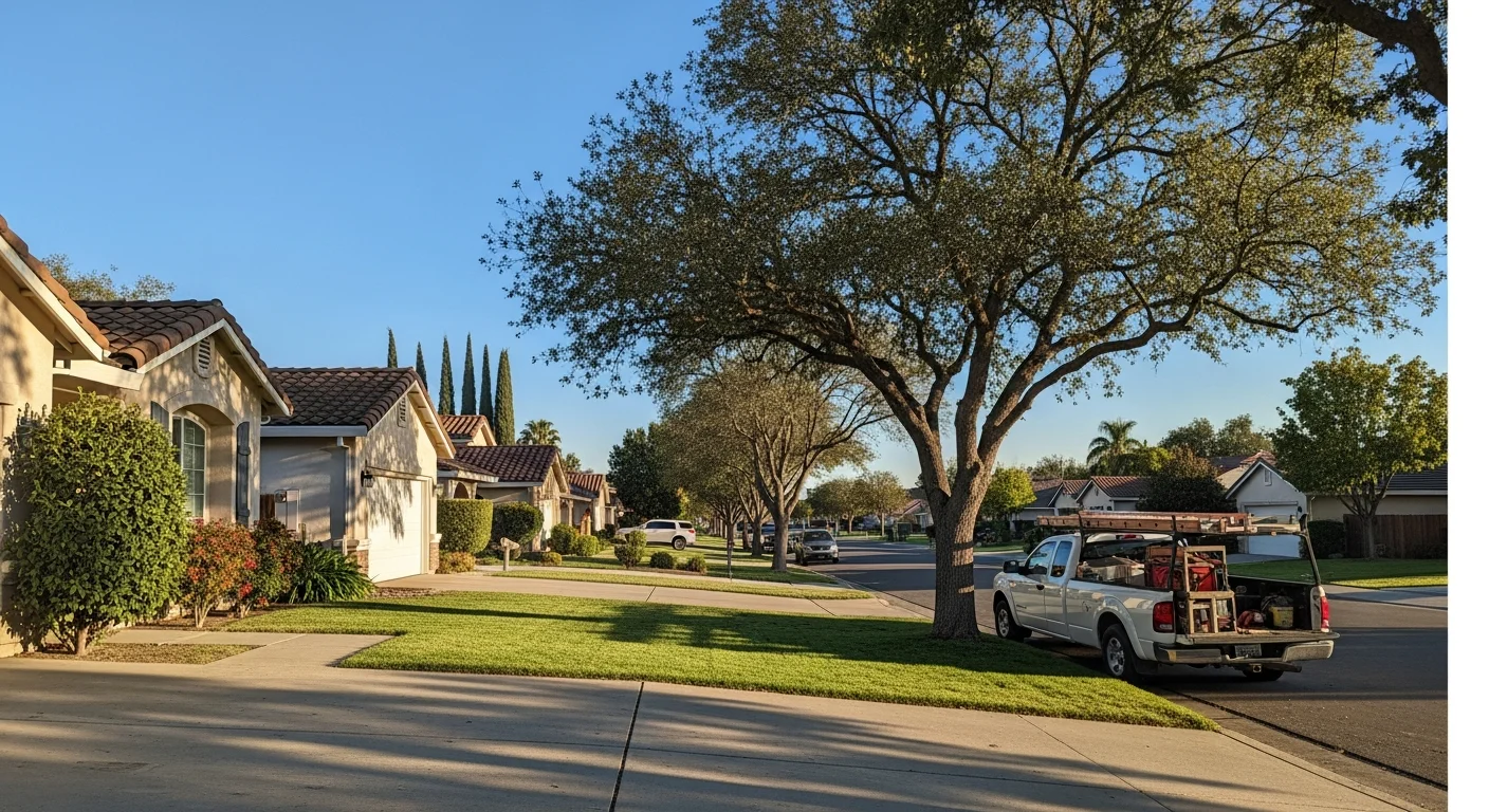 Residential street in Salida with single-family homes and mature landscaping under clear Central Valley sky.