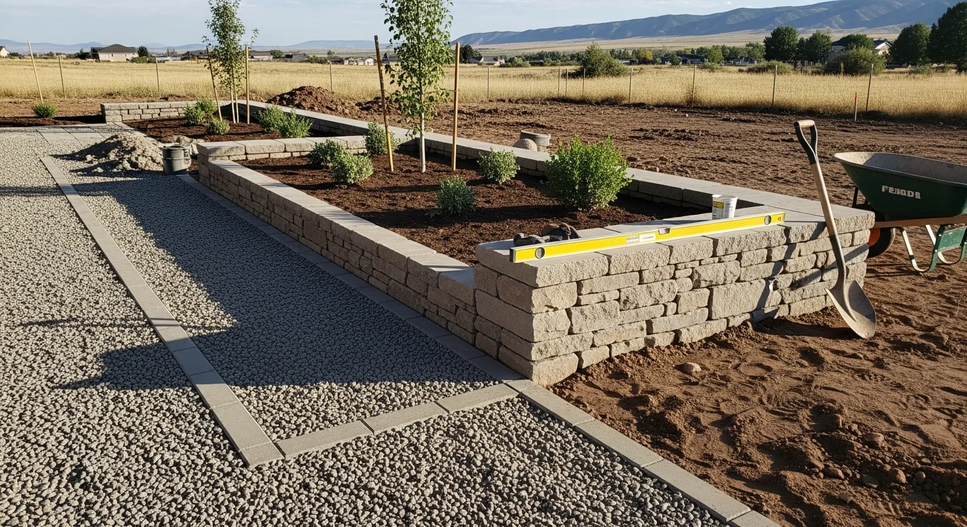 Completed backyard and front yard remodel at a Salida, Colorado home showing a stone walkway, defined hardscape patio area, and low-water planting beds against a mountain backdrop. Valencia Construction Pros exterior remodeling and hardscape work on a residential lot in Salida.