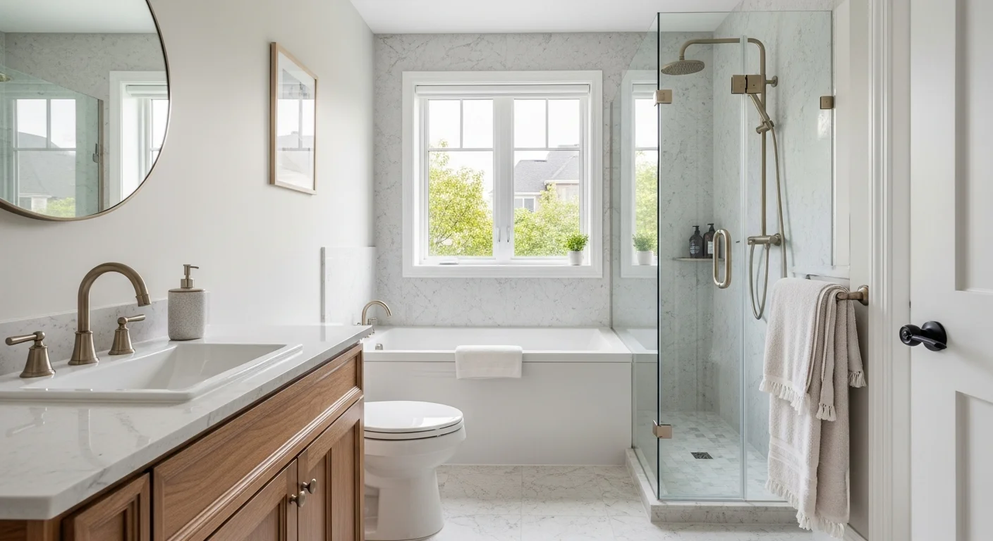 Remodeled bathroom in a Salida, Colorado home featuring a walk-in tile shower, updated vanity, and new flooring. The space reflects a clean, functional layout suited to mountain home living.
