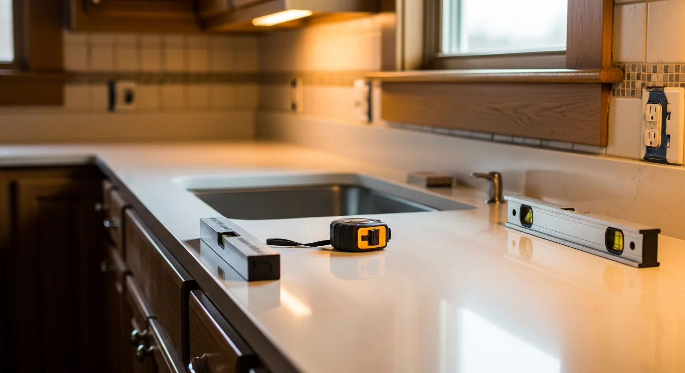 Freshly installed stone countertop on white kitchen cabinets inside a Salida, Colorado home. The surface runs along a window wall with natural mountain light coming through.