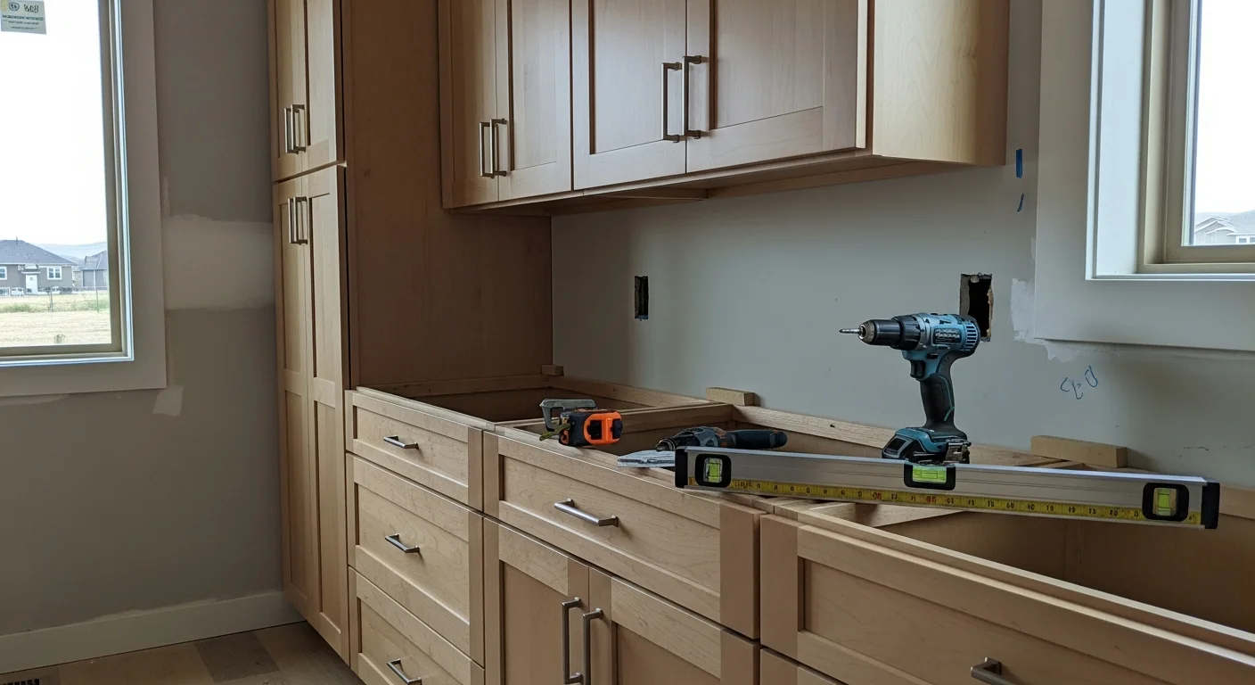 Newly installed custom wood kitchen cabinets with hardware in a Salida, Colorado home, showing floor-to-ceiling storage along a freshly remodeled kitchen wall. Cabinet doors are aligned and level, with open counter space below a window overlooking a mountain-area residential yard.