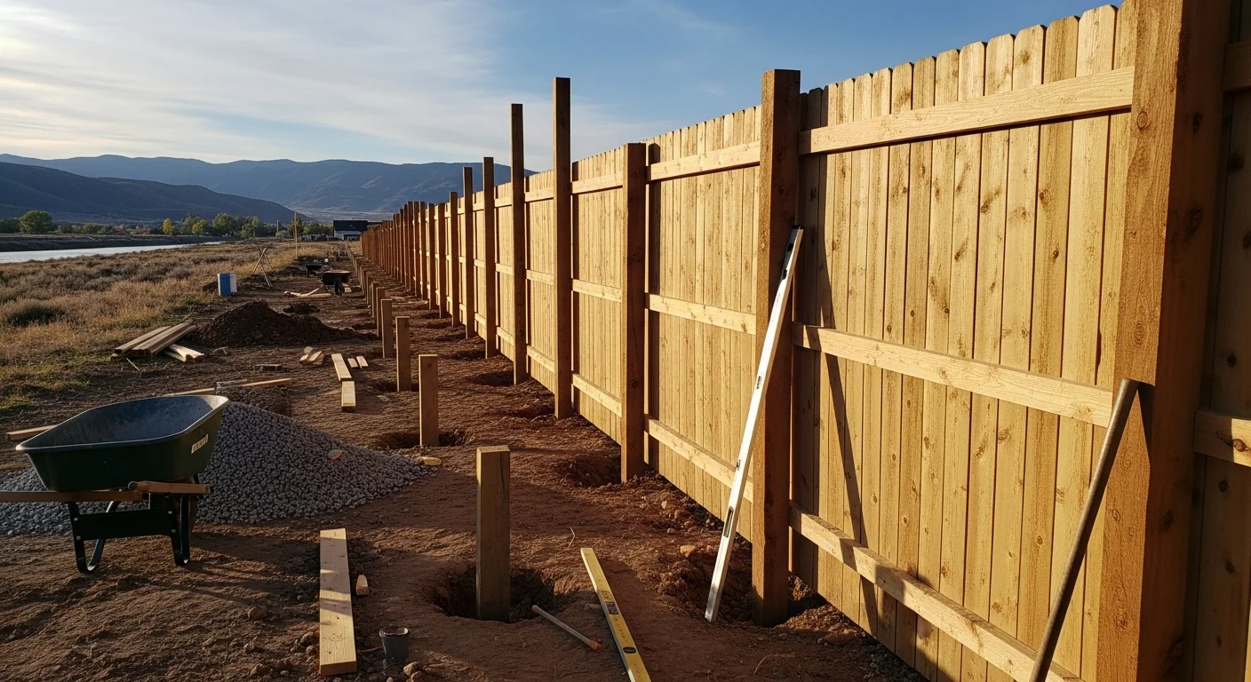 A newly installed wood privacy fence along the backyard perimeter of a residential property in Salida, Colorado, with the Collegiate Peaks visible in the background. The fence posts are set in concrete footings with evenly spaced panels and a single-swing gate on the side yard.