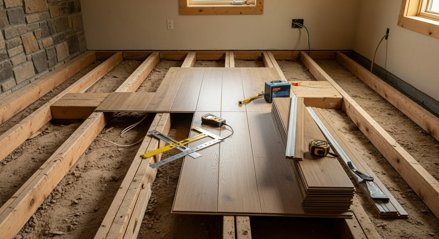 Freshly installed flooring in a Salida, Colorado home with clean transitions between rooms and a well-prepped subfloor visible at the edge. The interior reflects a mountain home setting with natural light coming through the windows.