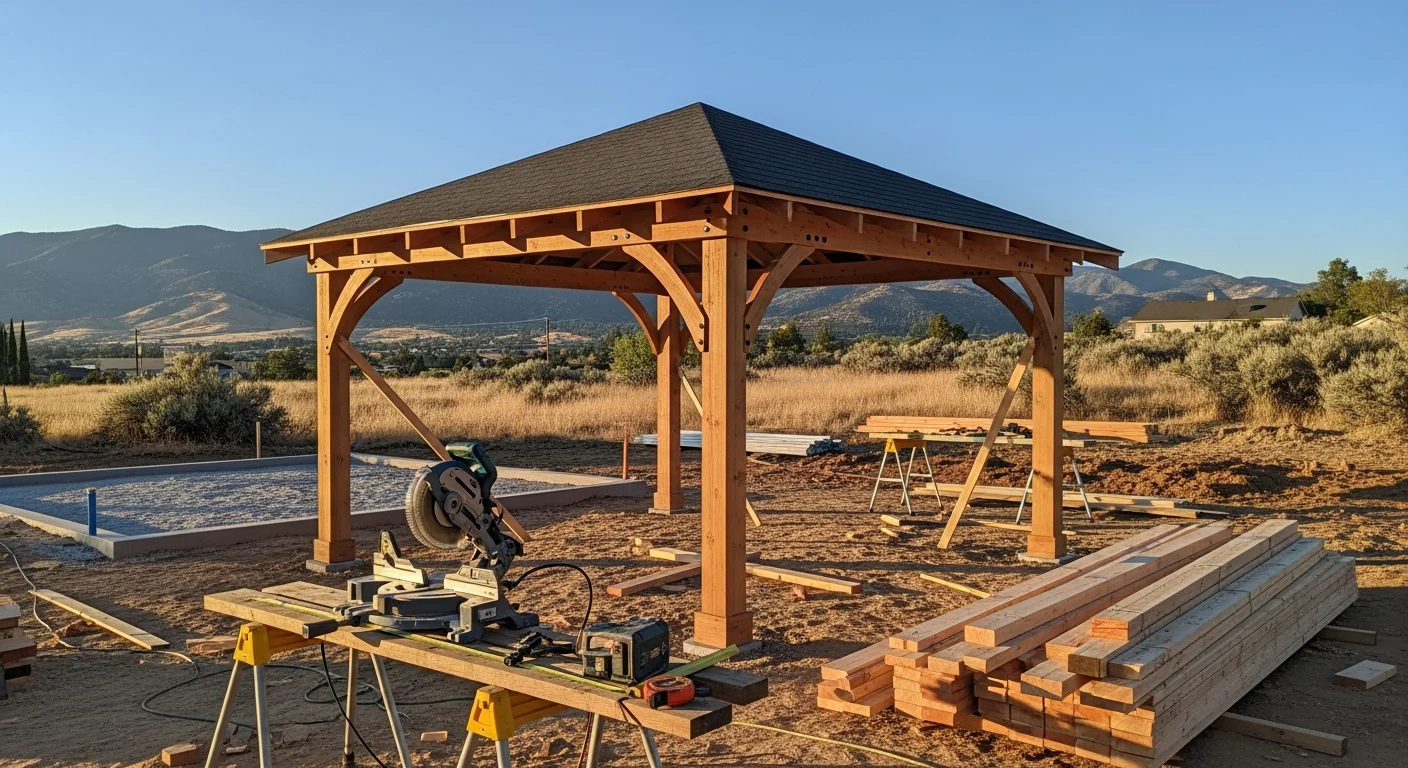 A custom-built wood-framed gazebo with a solid pitched roof standing in a residential backyard in Salida, Colorado, with mountain terrain visible in the background. The structure features open sides, finished post bases, and a covered interior space sized for outdoor dining.