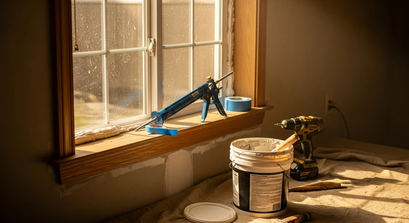 A handyman repairing a wooden door frame inside a Salida, Colorado home, with tools and patching materials visible on a drop cloth nearby. The work area shows an older interior with natural light coming through an adjusted window.