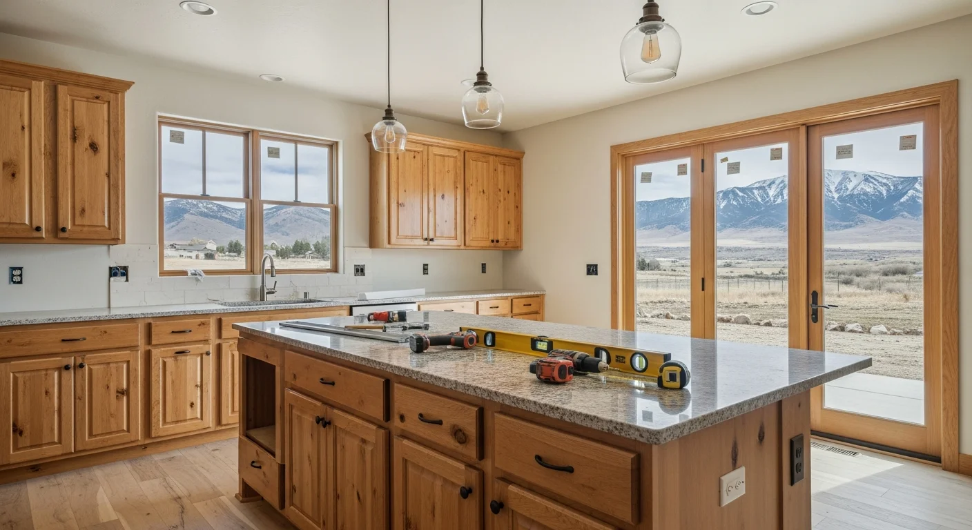 A newly installed kitchen island with base cabinets and a stone countertop in a Salida, Colorado home. The island sits centered in an open-concept kitchen with clear aisle space on all sides.