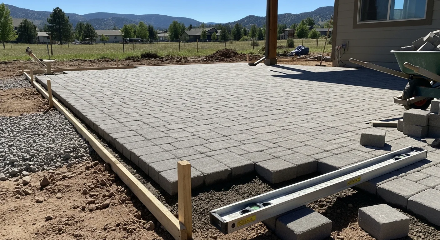 A finished backyard patio installed by Valencia Construction Pros in Salida, Colorado, with a level hardscape surface, clean edges, and a defined seating area set against a mountain backdrop. The patio shows proper grading and a stable base suited to Salida's high-elevation climate.