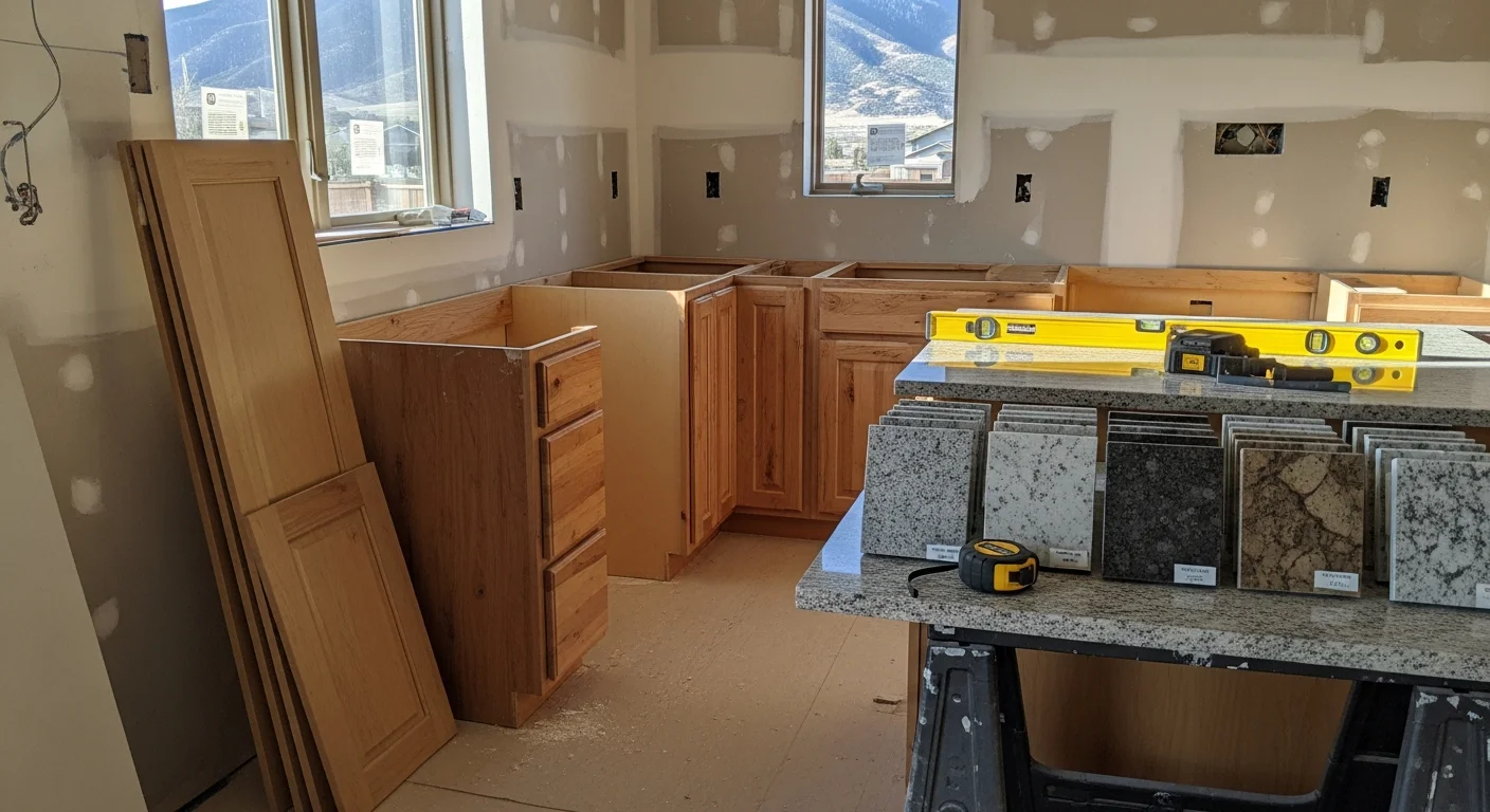 A remodeled kitchen interior inside a Salida, Colorado home, showing updated cabinetry, countertops, and natural light from a window facing the mountain landscape. A general contractor from Valencia Construction Pros reviews finish details during a residential renovation walkthrough.